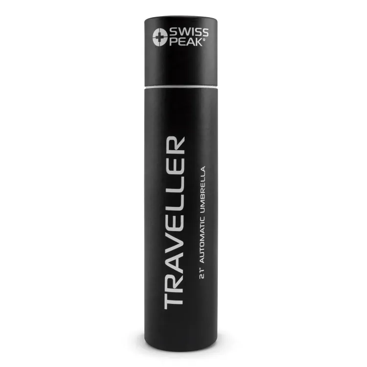 Swiss Peak Traveller Umbrella black cylindrical gift tube with white logo and printed text “Traveller 21'' Automatic Umbrella”