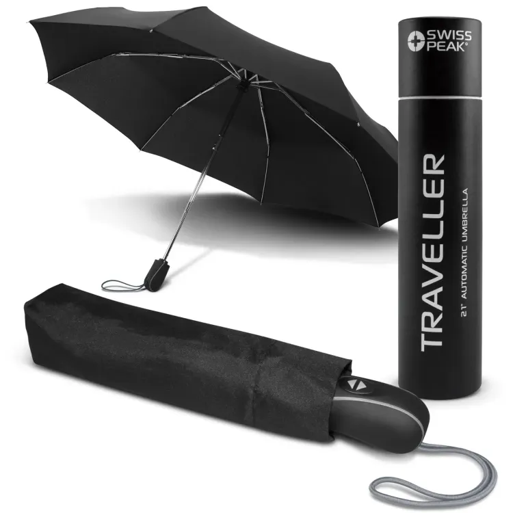 Swiss Peak Traveller Umbrella in black shown open with wrist strap, alongside its fabric sleeve and cylindrical gift tube packaging