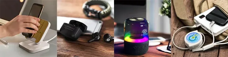 Assorted branded tech items including power bank, wireless charger, speaker and cables