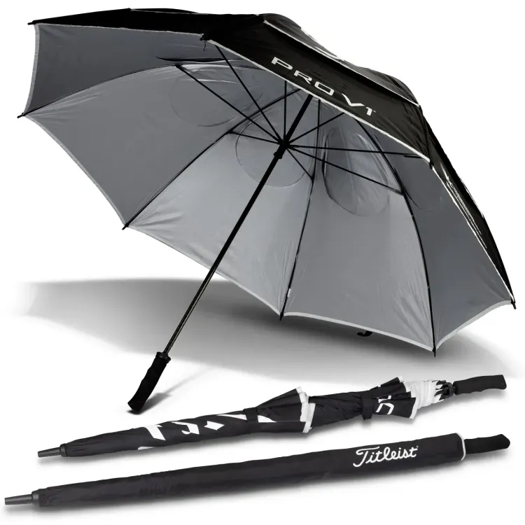 Titleist Tour Double Canopy Umbrella in black with silver inner canopy, shown open and closed with branded sleeve