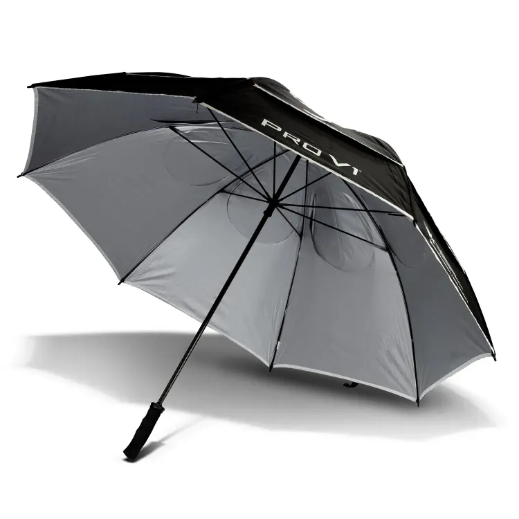 Titleist Tour Double Canopy Umbrella open, showing silver inner canopy and black exterior panels with PRO V1 branding