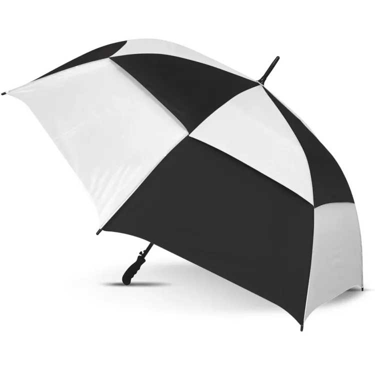 Trident Sports Umbrella in black and white panels shown open at side angle