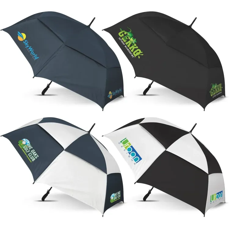 Line-up of Trident Sports Umbrellas in assorted colours with sample branded logos including navy, black, black / white, and navy / white combinations