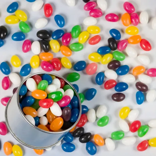 Assorted Colour Mini Jelly Beans in Silver Round Tin - Lifestyle