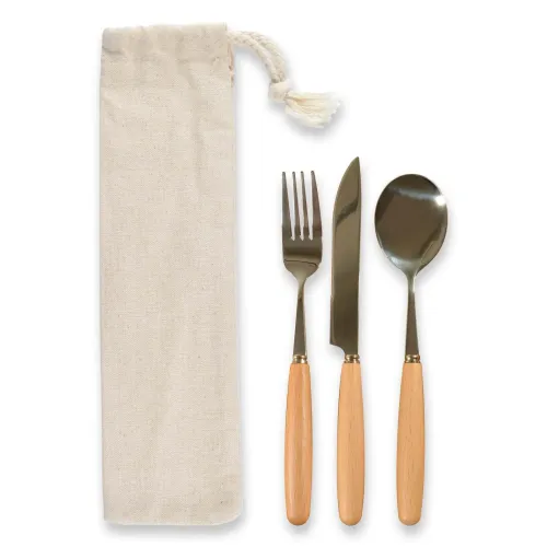 Savour Cutlery Set in Pouch - Silver/Bamboo