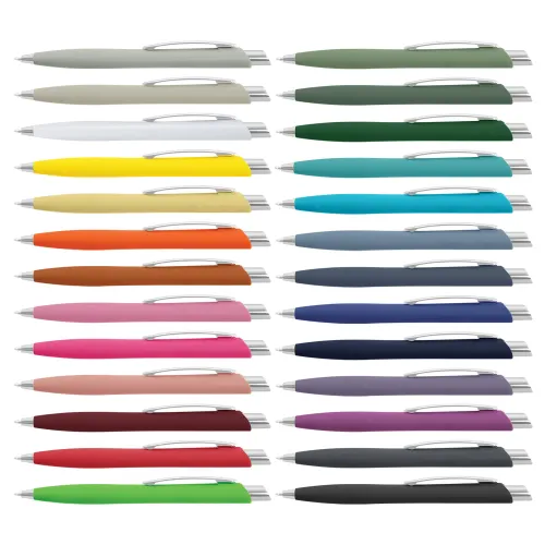 Javalin plastic ballpoint pens shown in a wide range of colours with a soft-touch matte finish and shiny chrome trim.