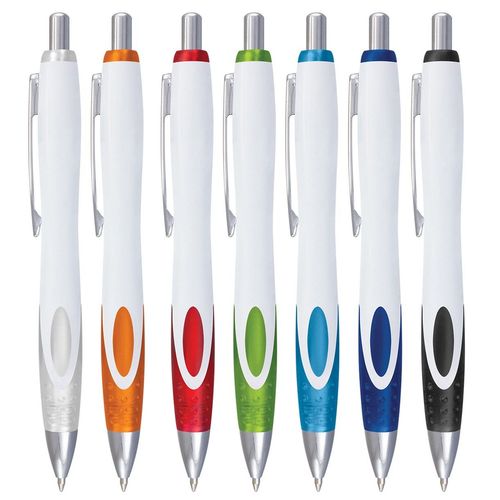 Neo plastic pens with white barrels, frosted double injected grips and shiny chrome trim across a range of colours.