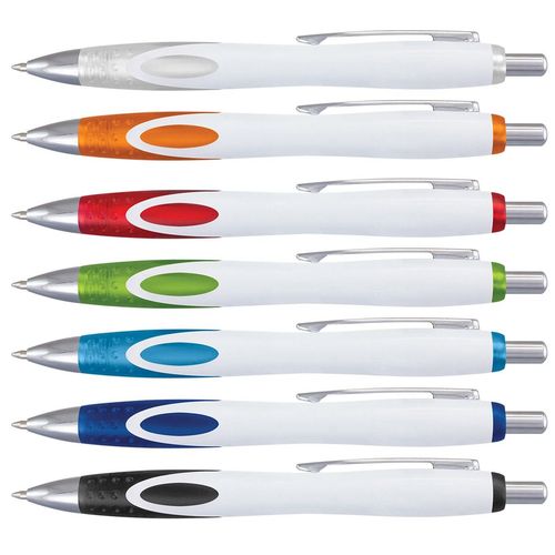 Neo plastic ballpoint pens with a white barrel and frosted double injected grip in a range of colours.