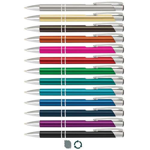 Panama recycled aluminium ballpoint pens in a range of anodised colours, shown with the Impact Aware recycled materials icon.