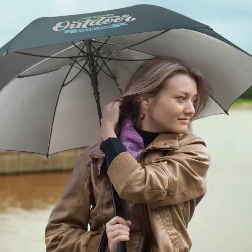 Person holding Patronus umbrella in navy and silver near lake on cloudy day