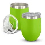 Cordia Vacuum Cup in bright green powder-coated finish with clear push-on lid shown open and closed.