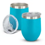 Cordia Vacuum Cup in light blue powder-coated finish with clear push-on lid shown open and closed.