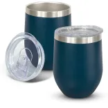 Cordia Vacuum Cup in navy powder-coated finish with clear push-on lid shown open and closed.