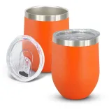 Cordia Vacuum Cup in orange powder-coated finish with clear push-on lid shown open and closed.