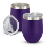 Cordia Vacuum Cup in purple powder-coated finish with clear push-on lid shown open and closed.