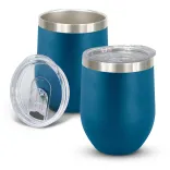 Cordia Vacuum Cup in royal blue powder-coated finish with clear push-on lid shown open and closed.