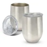Cordia Vacuum Cup in stainless steel finish with clear push-on lid shown open and closed.