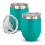 Cordia Vacuum Cup in teal powder-coated finish with clear push-on lid shown open and closed.