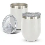 Cordia Vacuum Cup in white powder-coated finish with clear push-on lid shown open and closed.