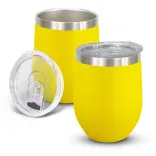 Cordia Vacuum Cup in yellow powder-coated finish with clear push-on lid shown open and closed.