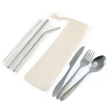 Banquet Stainless Steel Cutlery & Straw Set in Calico Pouch - Natural