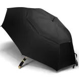 Adventura Sports umbrella in black, open profile view with wooden-look fibreglass handle visible and canopy tie strap on the exterior.