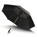 Adventura Sports umbrella in black, open underside view with wooden-look fibreglass shaft and ribs visible.