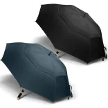 Line-up of Adventura Sports umbrellas in navy and black with wooden-look fibreglass handles on white background.