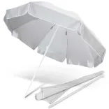 Bahama Beach umbrella in white, open profile view with two-piece pole and folded canopy