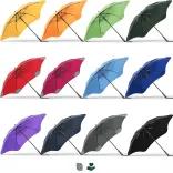 Line-up of BLUNT Classic umbrellas in assorted colours including citrus yellow, mango orange, meadow green, forest green, red, sky blue, ocean blue, midnight navy, purple, storm grey, and ink black