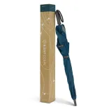 BLUNT Coupe umbrella in navy presented beside its eco-friendly kraft gift box with printed branding
