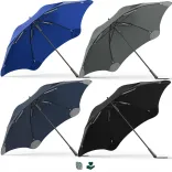 Line-up of BLUNT Exec umbrellas in ocean blue, midnight navy, storm grey, and ink black with Impact Aware icons shown below