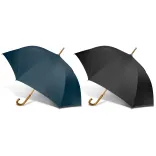 Line-up of Boutique umbrellas in navy and black with wooden hook handles, open profile view