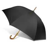 Boutique umbrella in black with wooden hook handle, open profile view