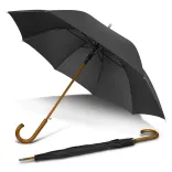 Boutique umbrella in black with wooden hook handle, open underside view and closed view