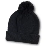 Black Bumble Beanie with folded cuff and matching pom-pom on top.