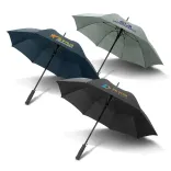 Line-up of Cirrus umbrellas in black, navy, and grey with printed logos, open underside view