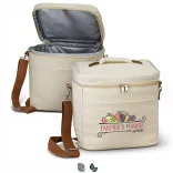 Colton Cooler Bag in natural cotton canvas with brown shoulder strap, zipped lid open, part of Impact Aware collection.