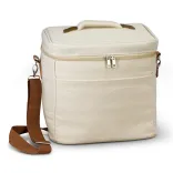 Colton Cooler Bag in natural cotton canvas with brown adjustable shoulder strap and zippered top.