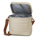 Colton Cooler Bag in natural cotton canvas with lid open showing insulated PEVA lining.