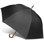 Executive umbrella in black, open profile view with wooden hook handle
