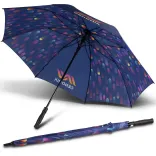 Full Colour umbrella with custom edge-to-edge printed canopy artwork, open underside view with one closed umbrella
