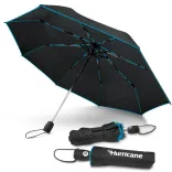 Hurricane City umbrella in black/cyan, open underside view with two closed umbrellas, one in branded sleeve