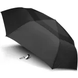 Hurricane Senator umbrella in black, open profile view with silver handle and wrist strap