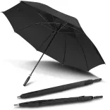Hurricane Sport umbrella in black, open underside view with two closed umbrellas, one in branded sleeve