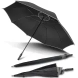 Hurricane Sport umbrella in black with reflective trims, open underside view with two closed umbrellas, one in branded sleeve