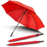 Hurricane Sport umbrella in red, open underside view with two closed umbrellas, one in branded sleeve
