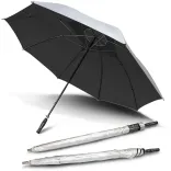Hurricane Sport umbrella in silver, open underside view with two closed umbrellas, one in branded sleeve