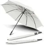 Hurricane Sport umbrella in white, open underside view with two closed umbrellas, one in branded sleeve