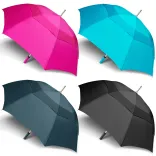 Line-up of Hurricane Urban umbrellas in cyan, fuchsia, navy and black, open profile view with aluminium shafts and matching handle colours